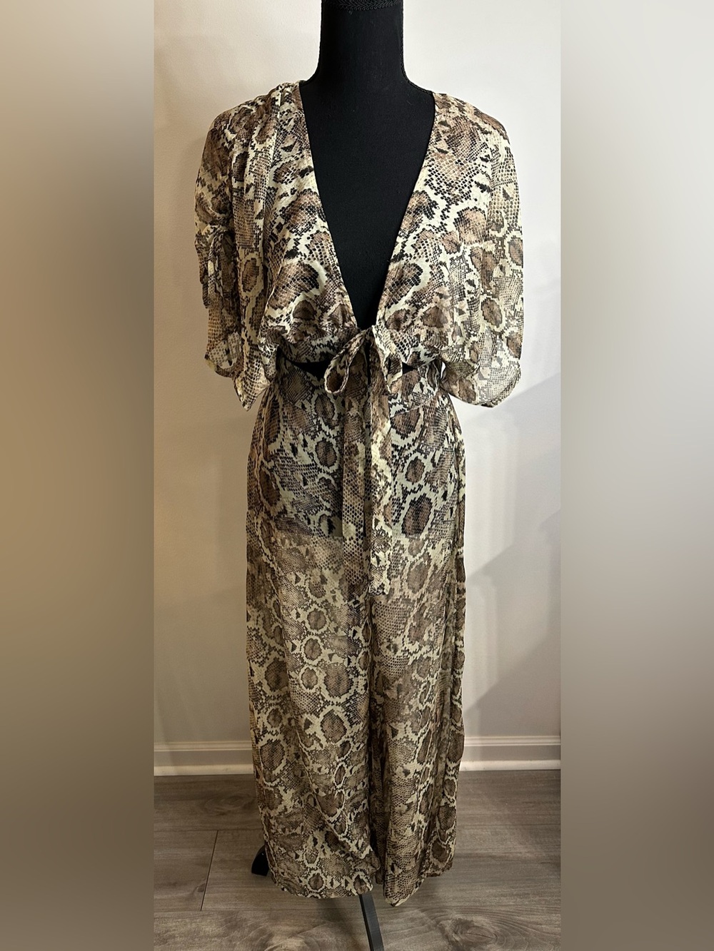 ASOS Design Sheer Snake Print Tie-Front Jumpsuit Cover-Up - Size 4